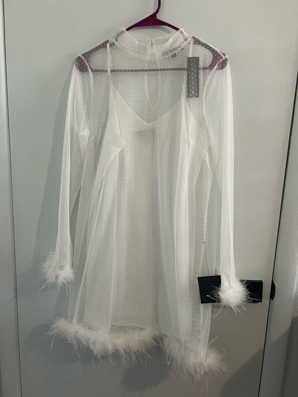 Lulus White Sheer Polka Dot Feather Trim Dress